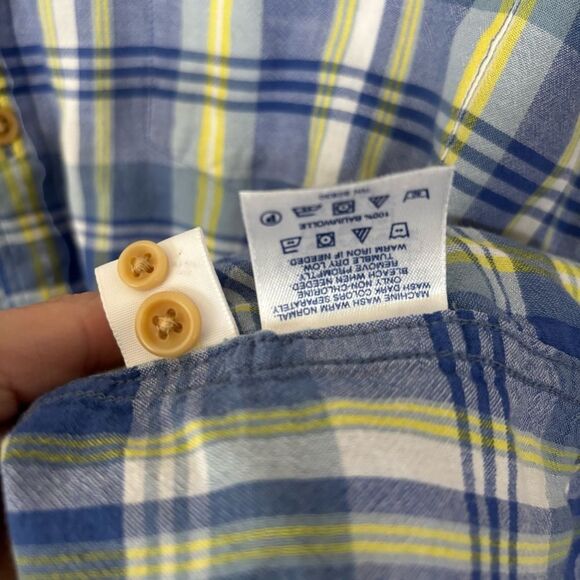 Lands End size large Blue and Yellow Plaid Men's Shirt button down long sleeve - Picture 3 of 7